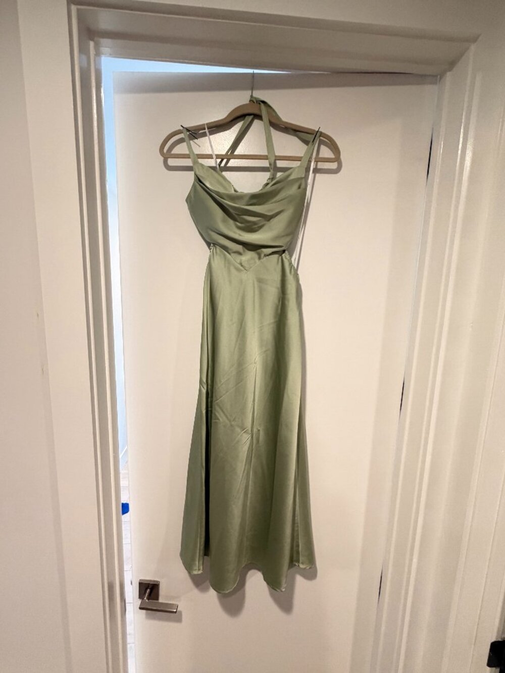 Lulu's Sage Green Satin Gown with Cowl Neck & Side Cut-Outs